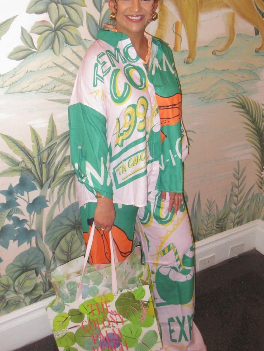 Fashion Nova Green, Pink & Orange Wide-Leg Graphic Pants - Picture 2 of 2